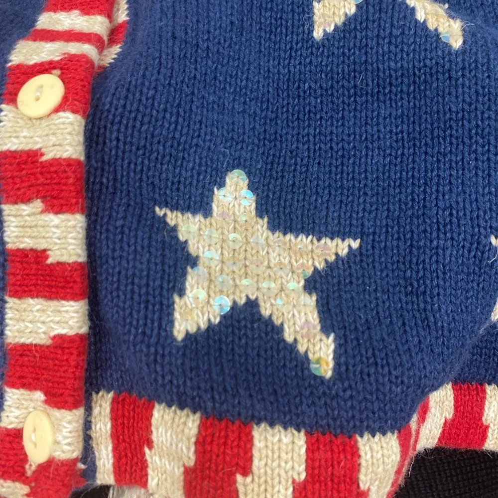 Quacker Factory Navy Blue Star Cardigan with Cream Stars and Red-White Trim